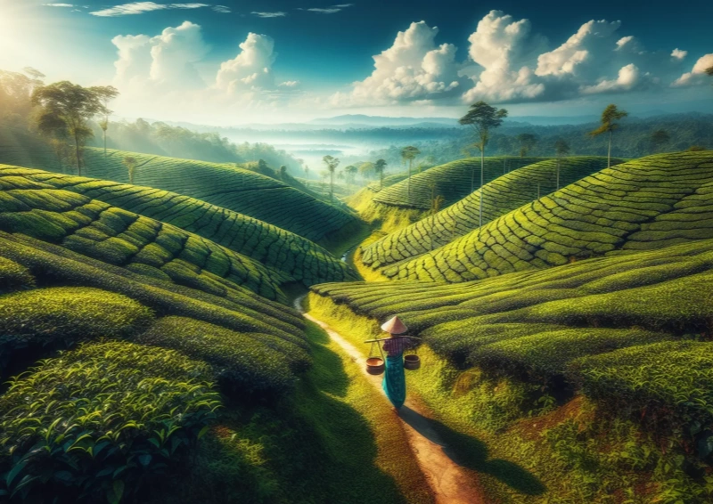 Assam Belseri Teeplantagen Panoramaaufnahme.