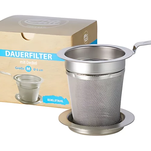 Edelstahlfilter Teesieb M Teesieb Nahaufnahme mit Deckel und Verpackung