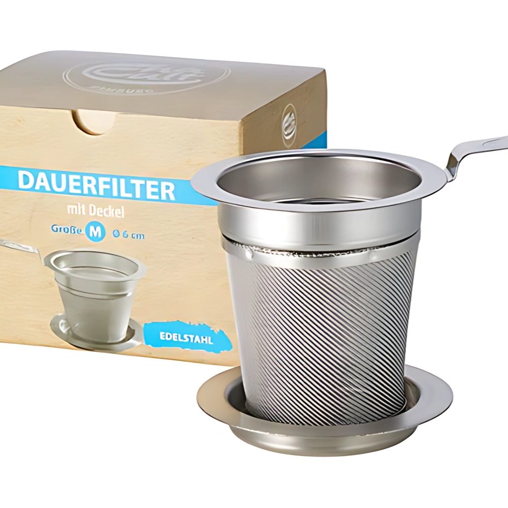 Edelstahlfilter Teesieb M Teesieb Nahaufnahme mit Deckel und Verpackung