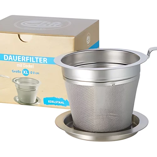 Edelstahlfilter Teesieb XL Teesieb mit Abtropfschale und Verpackung Nahaufnahme