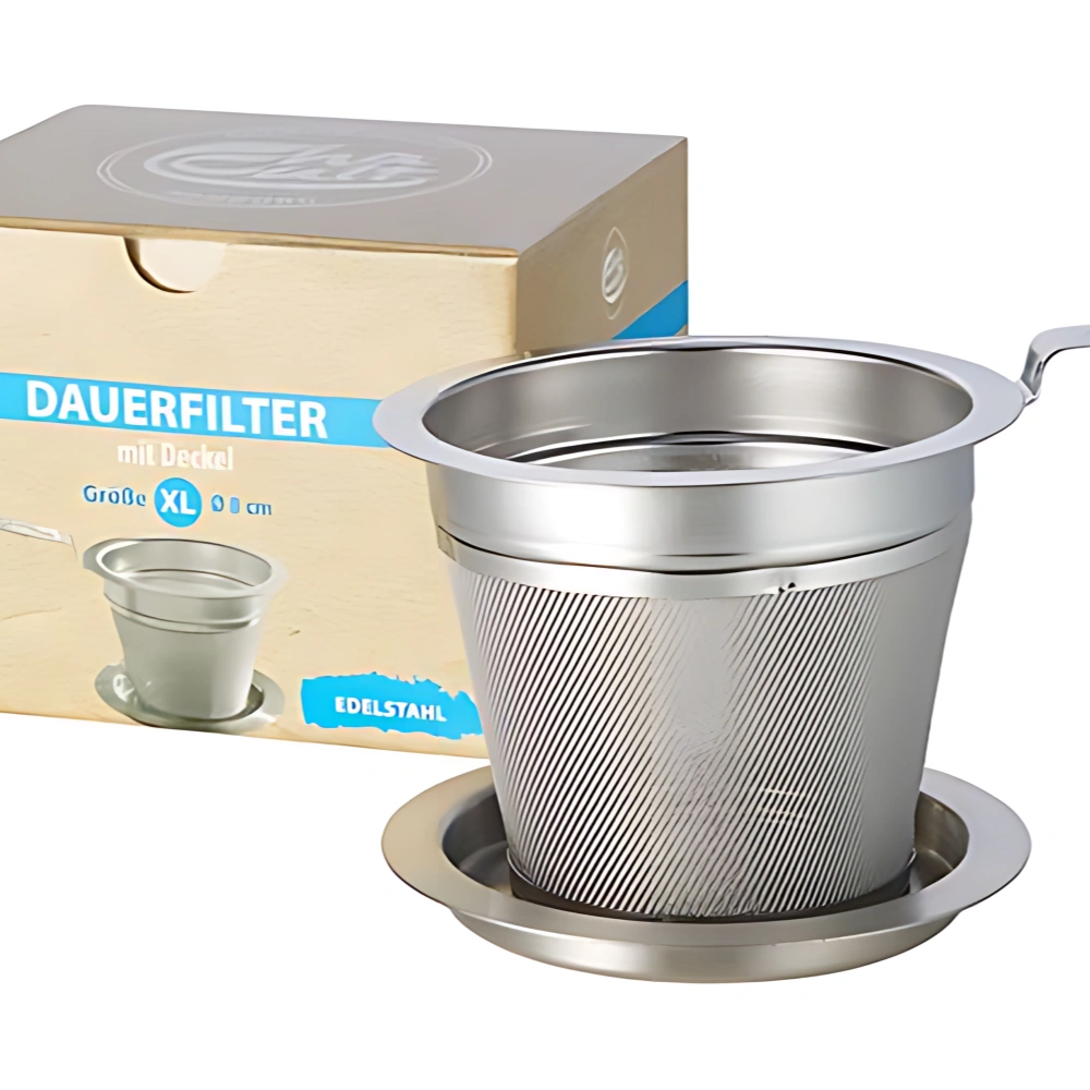 Edelstahlfilter Teesieb XL Teesieb mit Abtropfschale und Verpackung Nahaufnahme