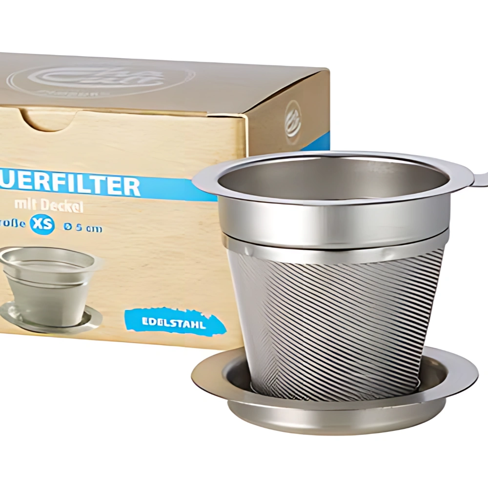 Edelstahlfilter Teesieb XS Teesieb Nahaufnahme mit Deckel und Verpackung