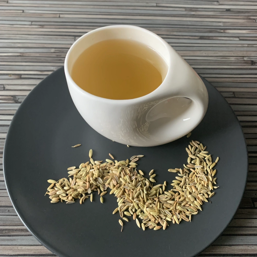 Fenchelsaat Tee in weißer Tasse mit warmem Aufguss, auf grauem Teller mit loser Fenchelsaat, arrangiert auf gestreiftem Holzhintergrund