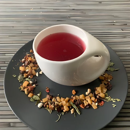 Früchtetee Confundo mit intensiv roter Farbe, Fruchtstücken und Blüten in weißer Tasse, auf gestreiftem Holzhintergrund