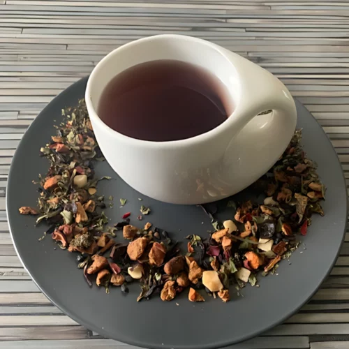 Früchtetee Glacius mit frischer Farbe, Melonenstücken und Minzblättern in weißer Tasse, auf gestreiftem Holzhintergrund