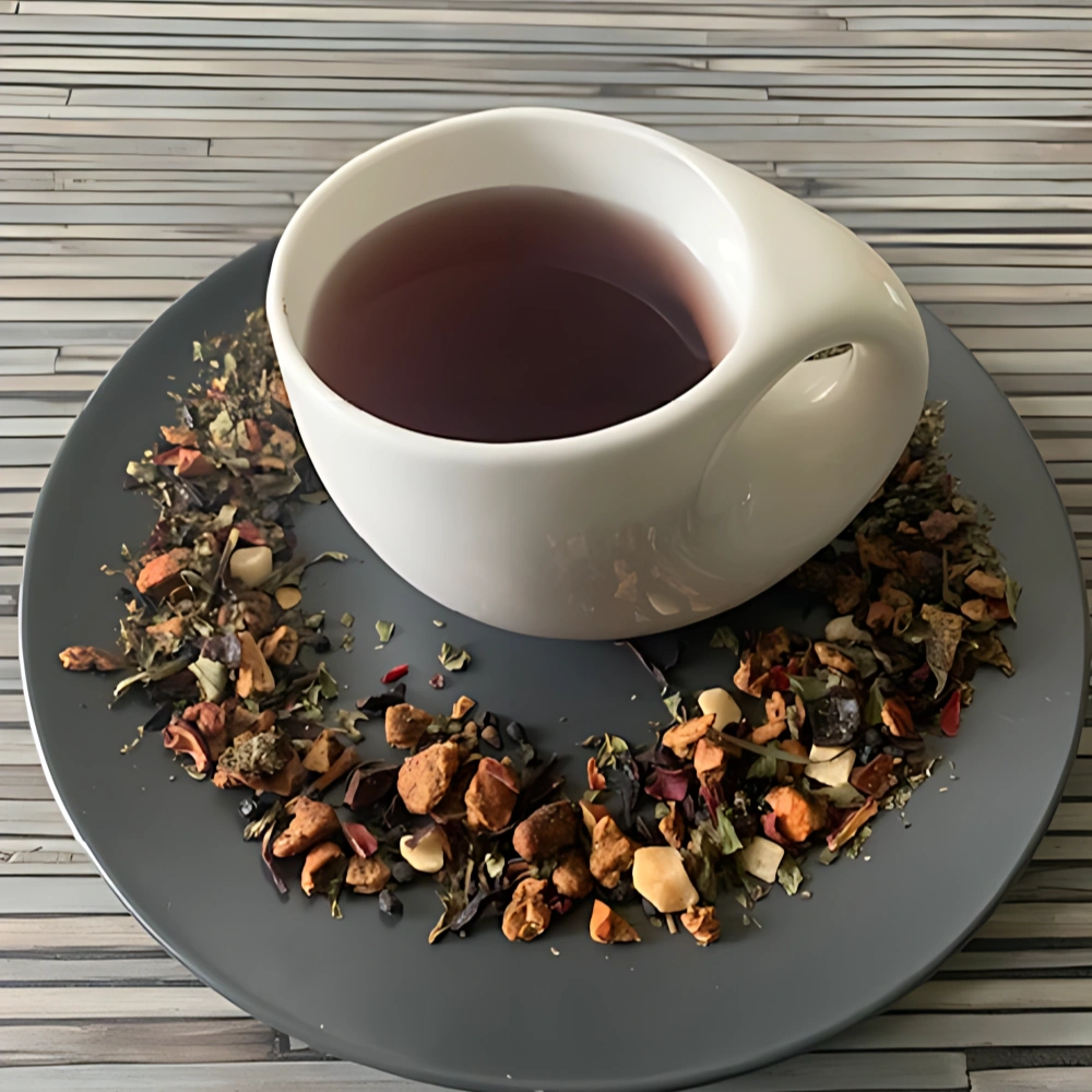 Früchtetee Glacius mit frischer Farbe, Melonenstücken und Minzblättern in weißer Tasse, auf gestreiftem Holzhintergrund