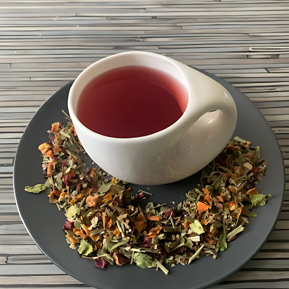 Früchtetee Rictusempra mit leuchtend roter Farbe, Fruchtstücken, Orangenspalten und Blüten in weißer Tasse, auf gestreiftem Holzhintergrund