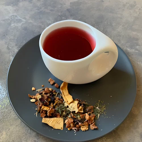Früchteteemischung Spritziger Sommer Teemischung auf grauem Teller, weiße Tasse mit Tee auf marmoriertem Untergrund, Nahaufnahme.Früchtetee Spritziger Sommer in weißer Tasse aufgegossen und lose auf grauem Teller vor gestreiftem Holzhintergrund