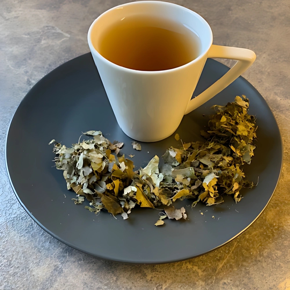 Graviolablätter geschnitten auf grauem Teller mit weißer Tasse auf Marmorfläche.