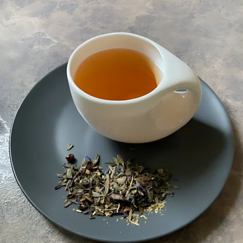 Grüner Tee Fruchtige Lebensquelle in weißer Tasse aufgegossen, lose grüne und weiße Teeblätter mit Aprikosenstücken, Beeren und Blüten auf grauem Teller vor Holzhintergrund