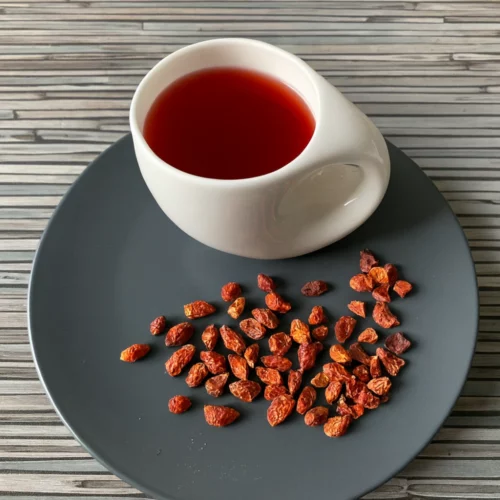 Hagebutten Schalen Tee in weißer Tasse mit warmem Aufguss, auf grauem Teller mit losem Tee, arrangiert auf gestreiftem Holzhintergrund