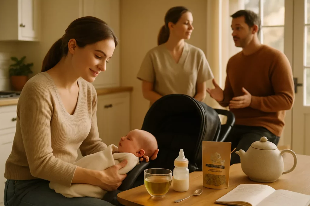 Familie mit Baby und Kamillentee für Babys
