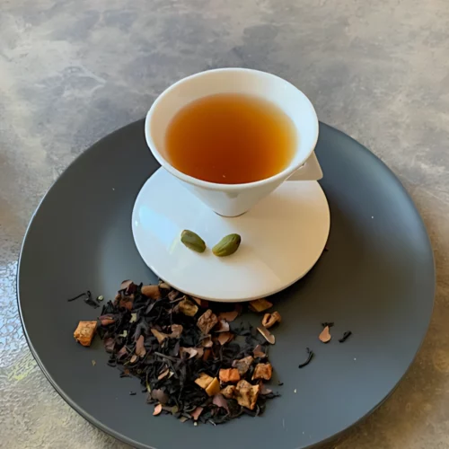 Kasbah Noir Schwarztee mit Schokoladenstücken und Pistazien in weißer Tasse auf hellem Untergrund