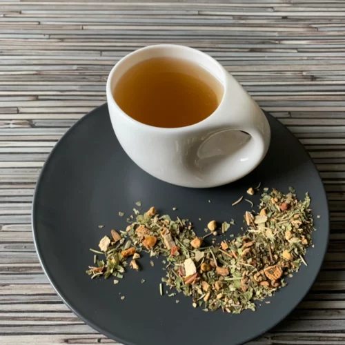 Kräutertee Grüner Ingwer ohne Zusätze in weißer Tasse aufgegossen, lose Kräuter auf grauem Teller vor gestreiftem