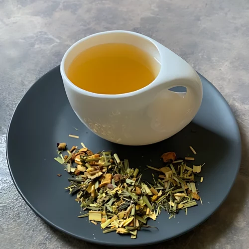 Kräutertee Ingwer Harmonie in weißer Tasse aufgegossen, lose Kräuterteemischung auf grauem Teller vor gestreiftem Holzhintergrund