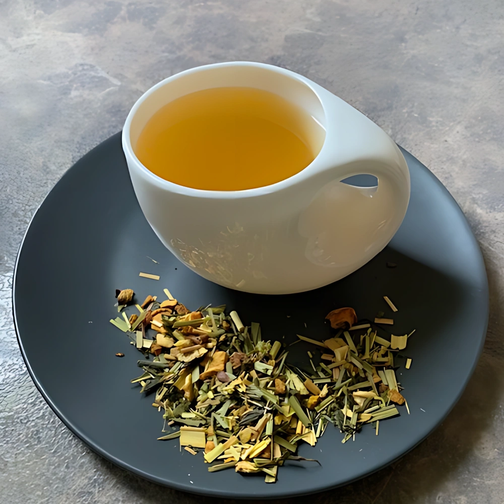 Kräutertee Ingwer Harmonie in weißer Tasse aufgegossen, lose Kräuterteemischung auf grauem Teller vor gestreiftem Holzhintergrund