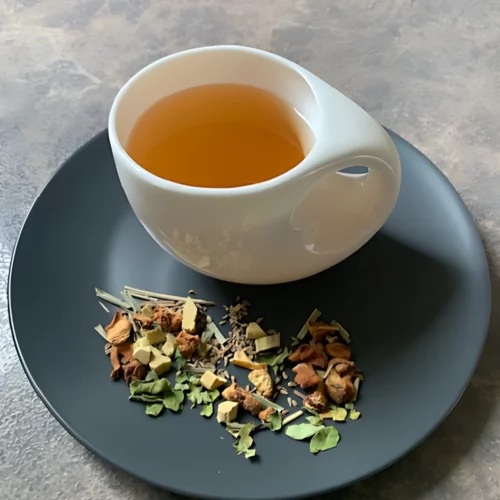 Kräutertee Süße Versuchung in weißer Tasse aufgegossen, lose Kräuter und Wurzeln auf grauem Teller vor gestreiftem Holzhintergrund