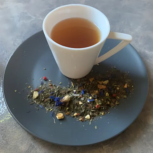 Kräutertee Tulsi Ingwershot in weißer Tasse aufgegossen, lose Kräuter, blaue Blüten und Gewürze auf grauem Teller vor gestreiftem Holzhintergrund