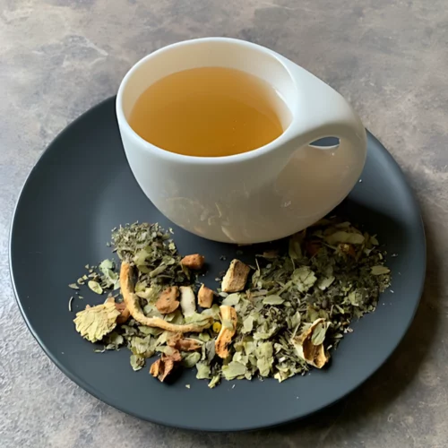 Kräutertee Zapfenstreich in weißer Tasse aufgegossen, lose Kräuter und Früchte auf grauem Teller vor gestreiftem Holzhintergrund