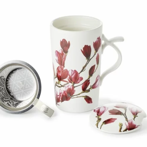 Kräuterteetasse Mayumi, mit roter exotischer Blume, mit Tasse mit Deckel und Edelstahlsieb.