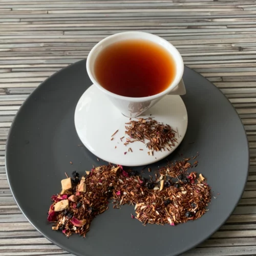 Rotbusch Himbeer Rhabarber mit Rooibos-Teeblättern, Himbeerstücken und Rhabarberstücken, kupferfarbene Tassenfarbe in weißer Teetasse auf gestreiftem Hintergrund