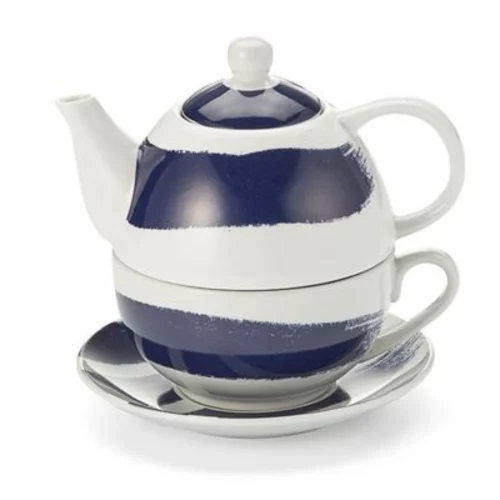 Tea for One Set Mafalda in blau-weiss Set aus Tasse, Teller, Deckel und Kanne.