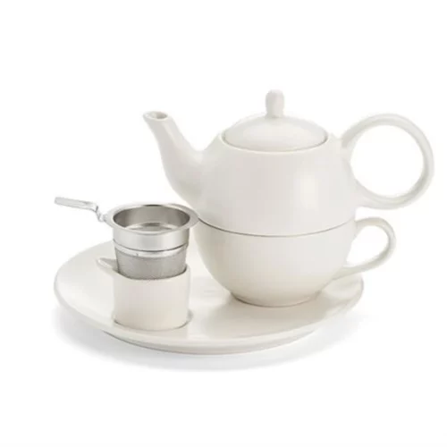 Tea for One Set Malina in mattweiss, 5-teiliges Set aus Tasse, Teller, Absteller, Deckel und Kanne.