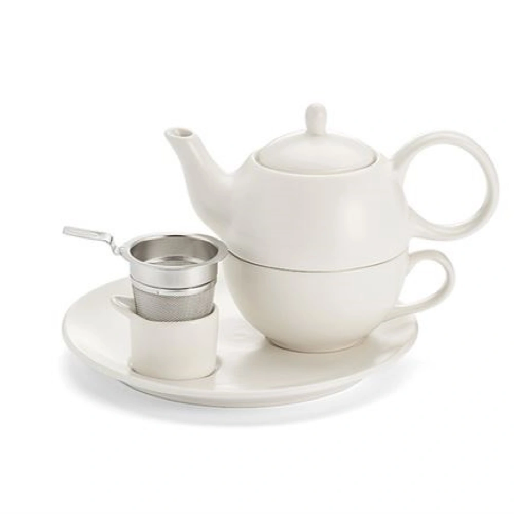 Tea for One Set Malina in mattweiss, 5-teiliges Set aus Tasse, Teller, Absteller, Deckel und Kanne.