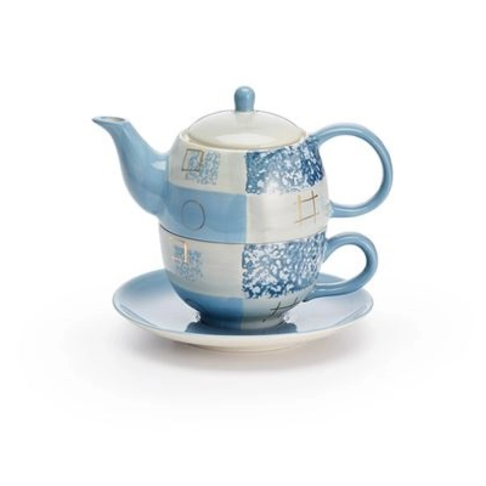 Tea for One Set Patricio weiss-blau, mit goldenen Ornamenten, 4-teiliges Set aus Tasse, Teller und Deckel und Kanne.