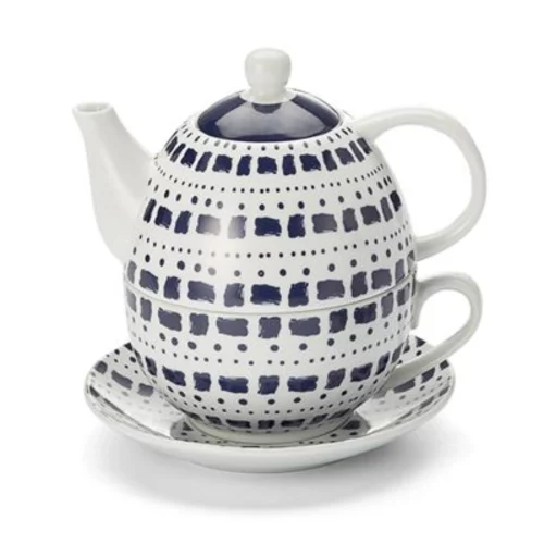 Tea for One Set Thalika weiss-blau, 4-teiliges Set aus Tasse, Teller und Deckel und Kanne.