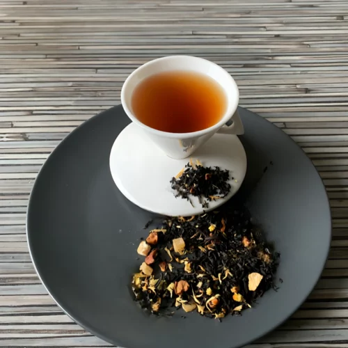 Schwarztee Vittorio Grande in weißer Tasse auf dunklem Teller auf gestreifter Holzplatte, loser Tee mit Blüten und Mandelstücken daneben