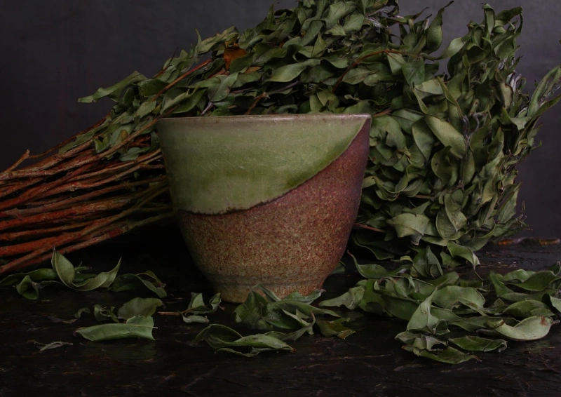 China Chun Mee trockener Ast mit Blättern und Teeschalen.