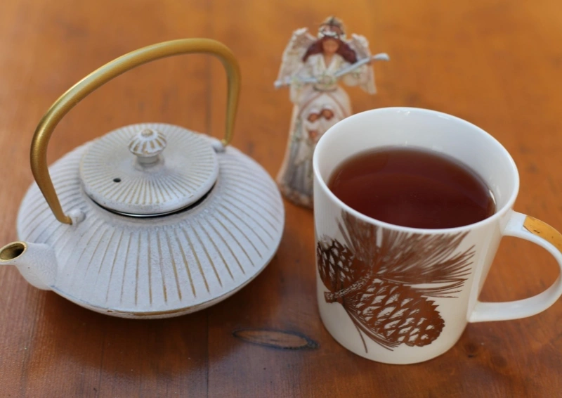 China Dian Hong Needle eingefüllt in Teetasse neben weißer Gusskanne.