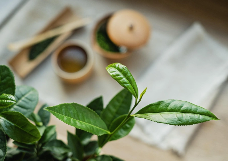 Japan Kabusecha Akari Teeblatt im Hintergrund schemenhaft Tee.