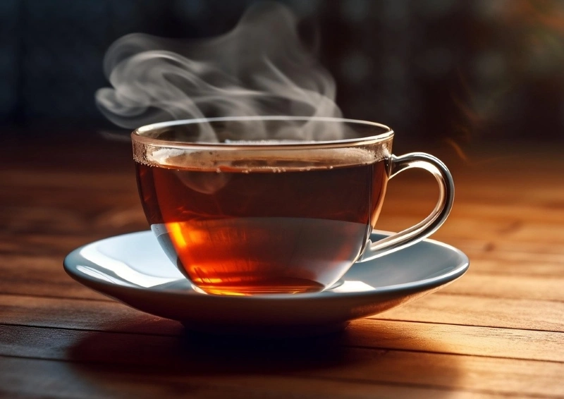 Vietnam Red Tea in einer Glastasse dampfend, Detailaufnahme.