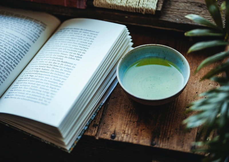 Eine Teetasse neben einem aufgeschlagenes Buch