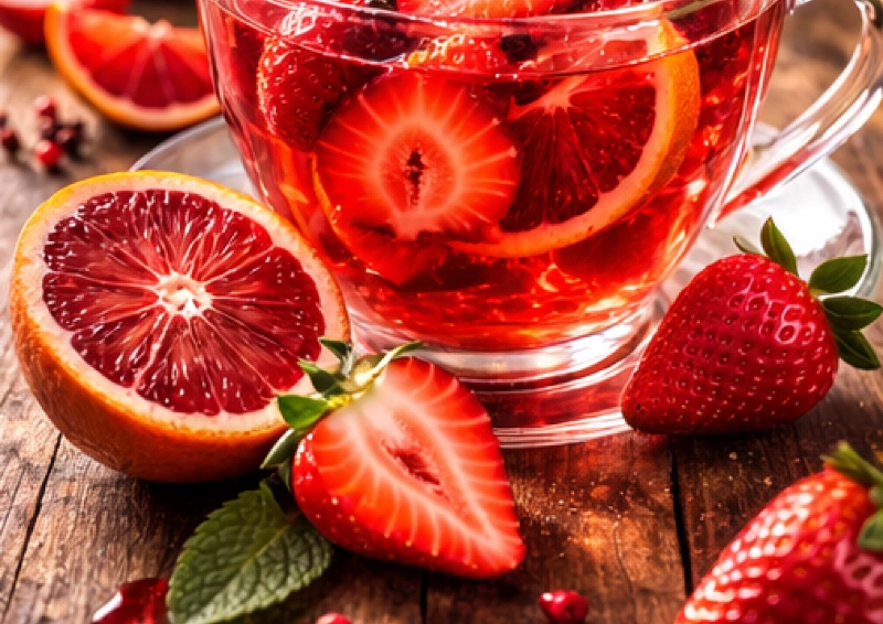 Früchtetee Erdbeer Blutorange mit frischen Erdbeeren und saftigen Blutorangen