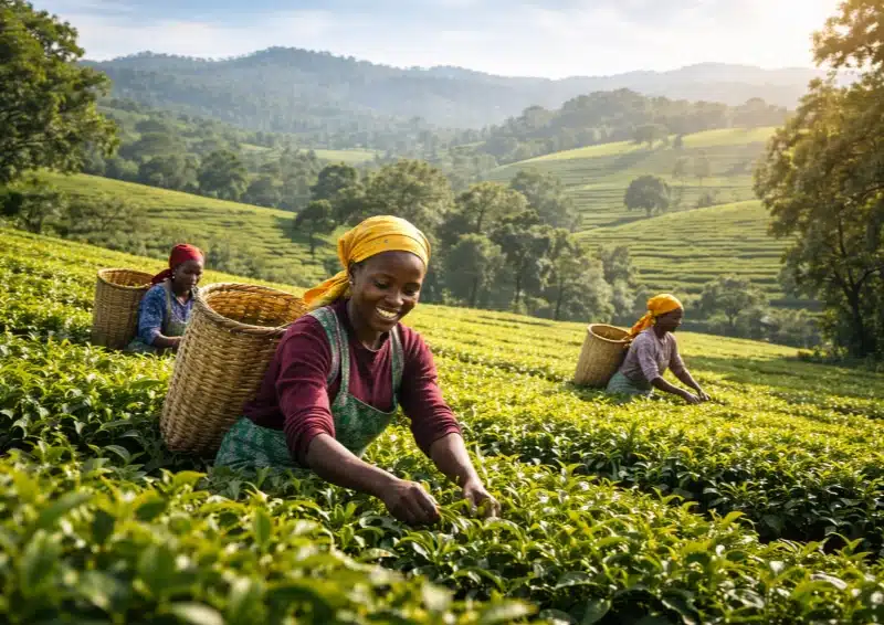 Teeplantage im kenianischen Hochland mit grünen Teefeldern unter weitem Himmel