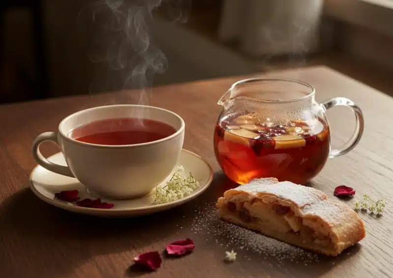 Früchtetee Schneemütze mit rubinroter Tasse und einem Stück Stollen daneben