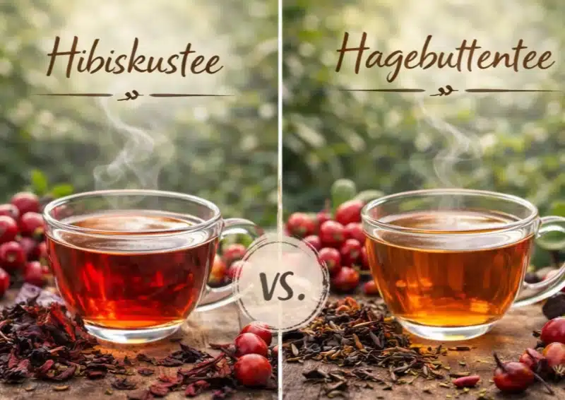 Hibiskustee vs Hagebuttentee beide Tees nebeneinander im Vergleich