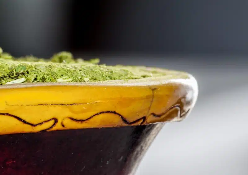 Mate Kurupí Yerba in einer Kalebasse in Nahaufnahme