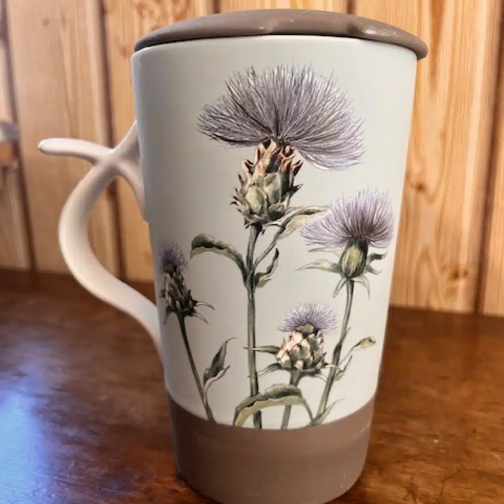 Kräuterteetasse Türkis und grau mit Blume
