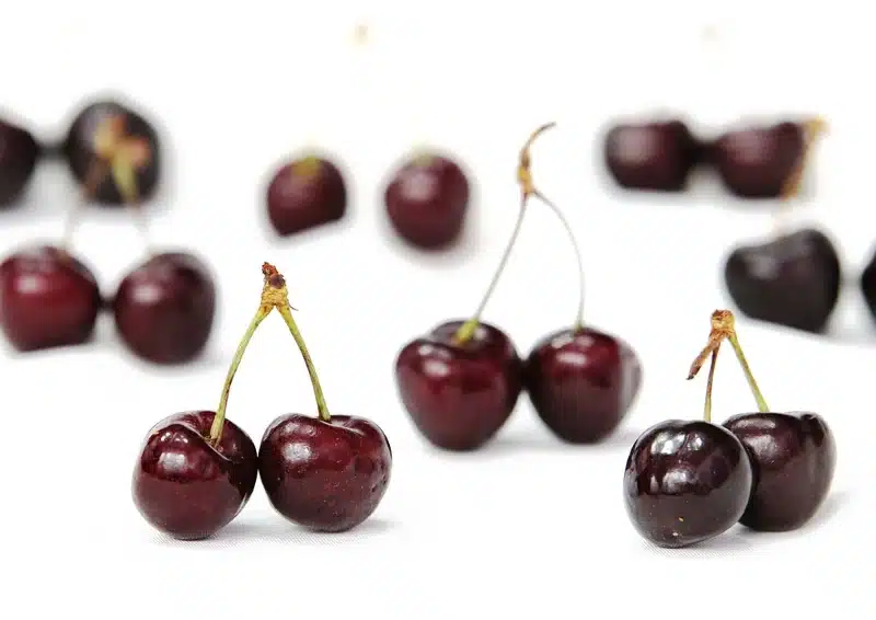 Dunkle Kirschen auf einem weißen Hintergrund für Früchtetee Feurige Edelkirsche