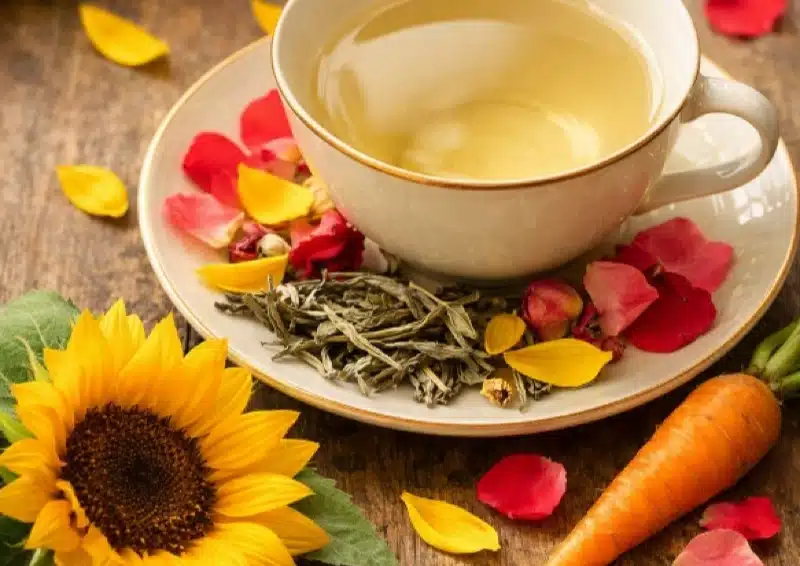 Weißer Tee Chakrentee mit Sonnenblumenblüten und Karotte