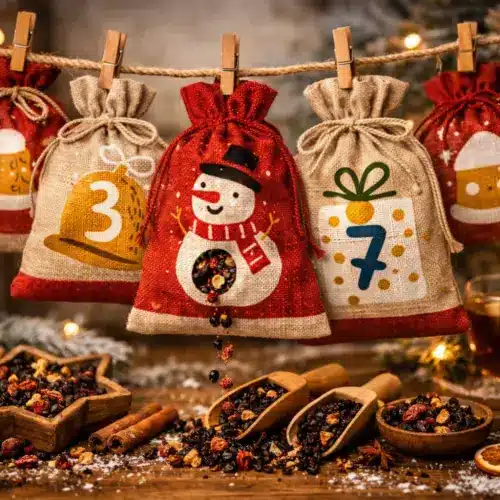 Adventskalender aus Jute mit Holzklammern gefüllt mit Tee