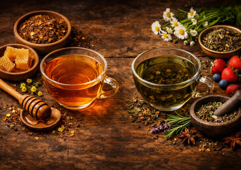 Honeybush vs. Kräutertee zwei Tassen Tee nebeneinander