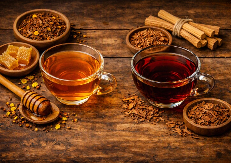 Honeybush vs. Lapacho zwei Tassen Tee nebeneinander