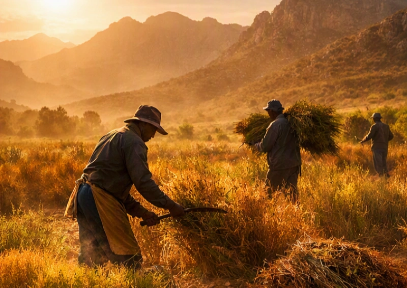Rooibos-Verarbeitung, Arbeiter bei der Ernte in den Cederbergen