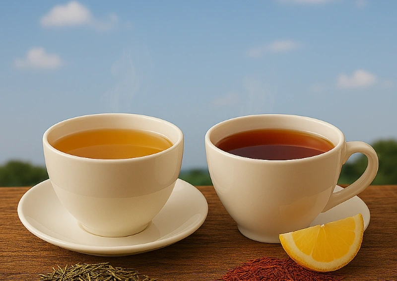 Vergleich von grünem Rotbusch und rotem Rooibos